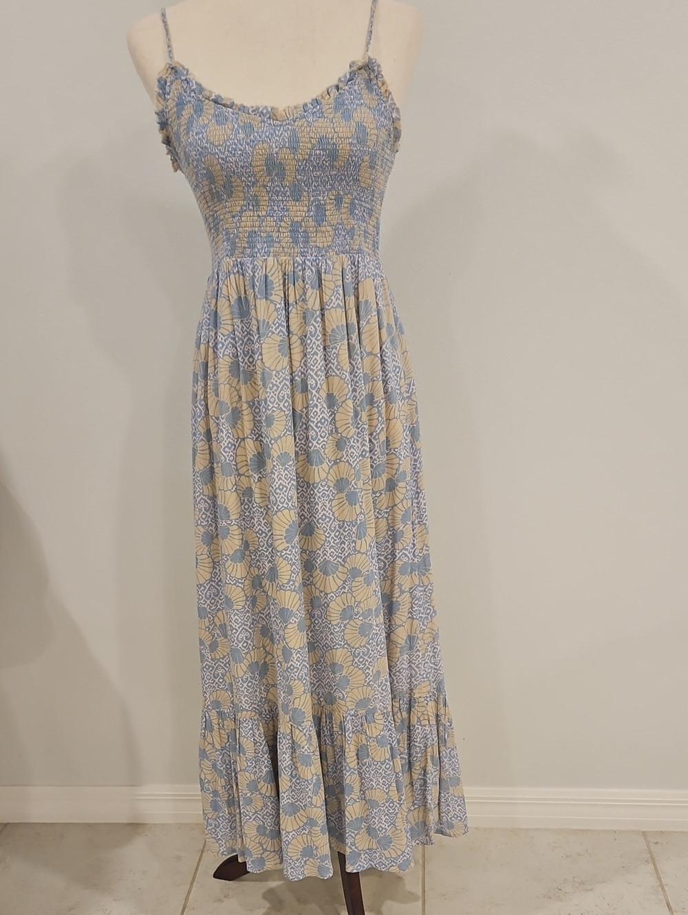 BILA 77 Lyon Maxi Dress Sandshell Blue Yellow Smocked 100% Cotton S